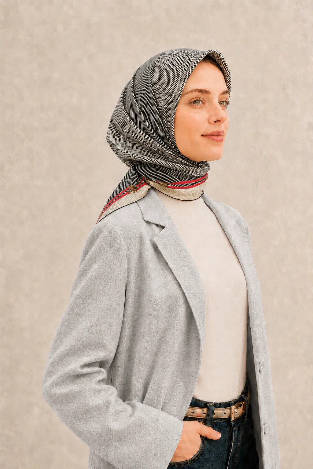 Armine Nostalji İpek Eşarp - Gri Kırmızı Bordürlü - Gri 2