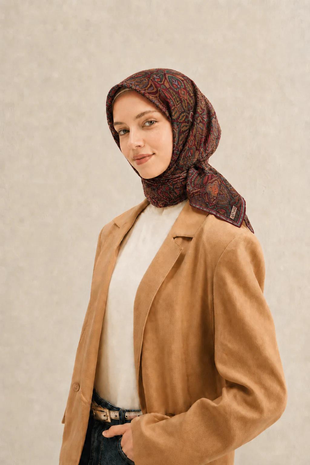 Armine Nostalji İpek Eşarp - Bordo Etnik - Bordo