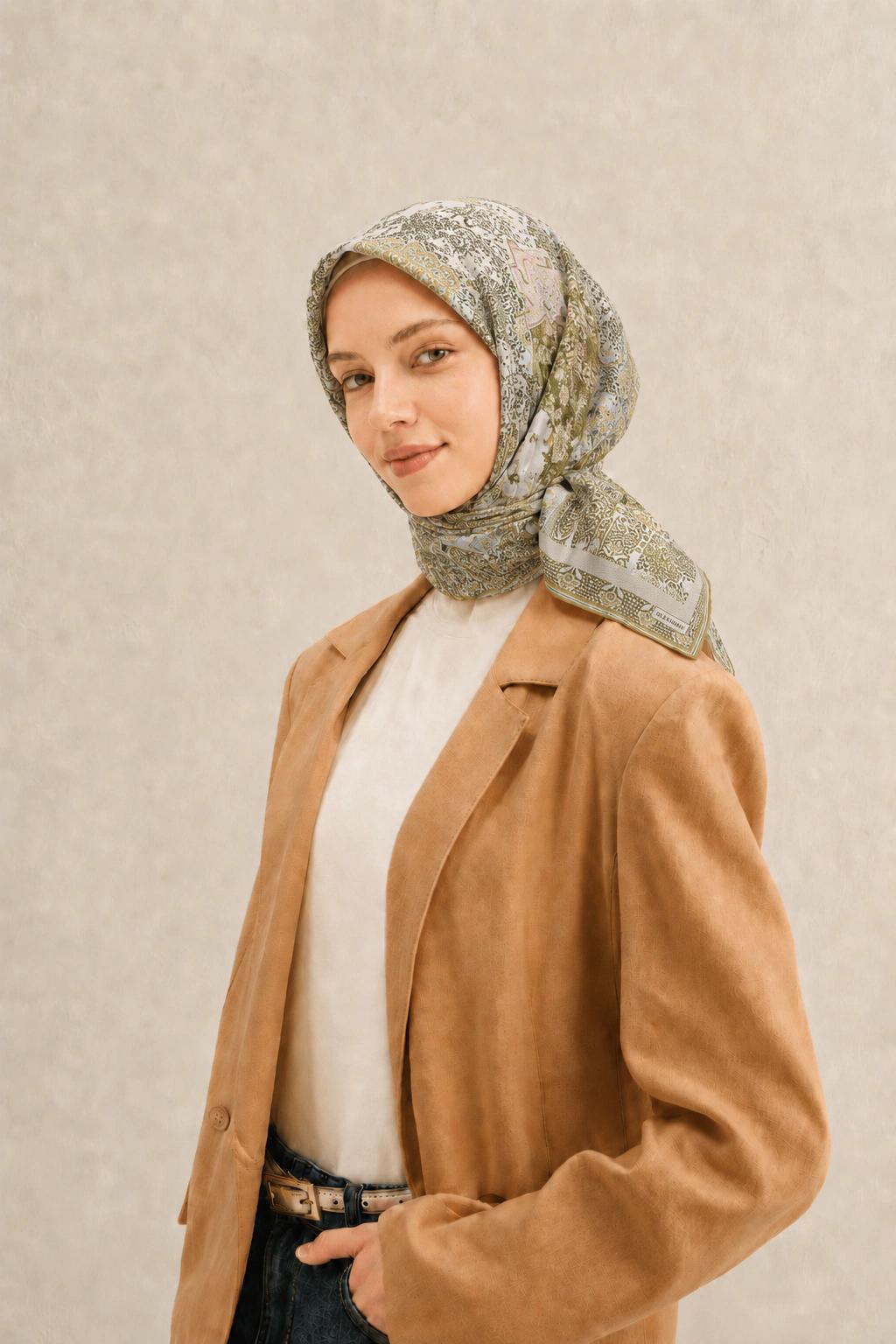 Monare Silkhome Eşarp - Etnik Patchwork - Haki