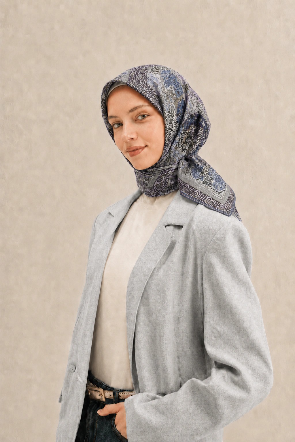 Monare Silkhome Eşarp - Etnik Patchwork - Gri Mavi 1