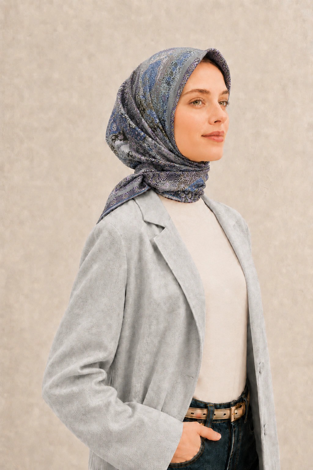 Monare Silkhome Eşarp - Etnik Patchwork - Gri Mavi 2