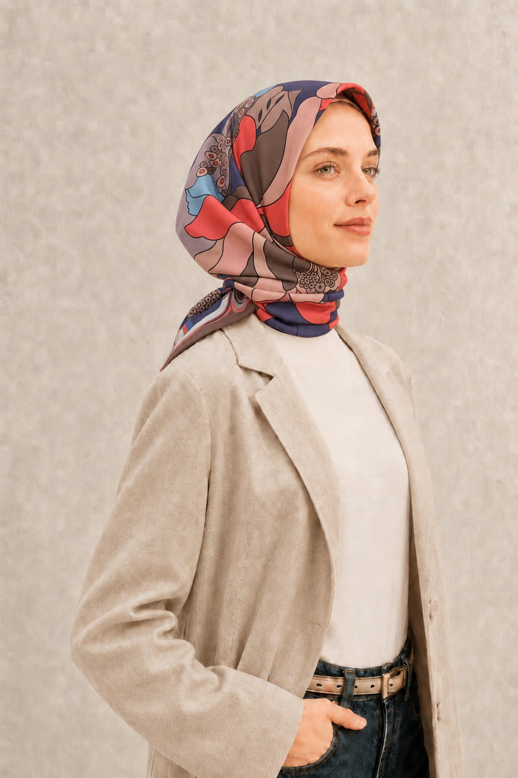 Fenza Tensel Botanik Desenli Eşarp - Mercan Lacivert 2