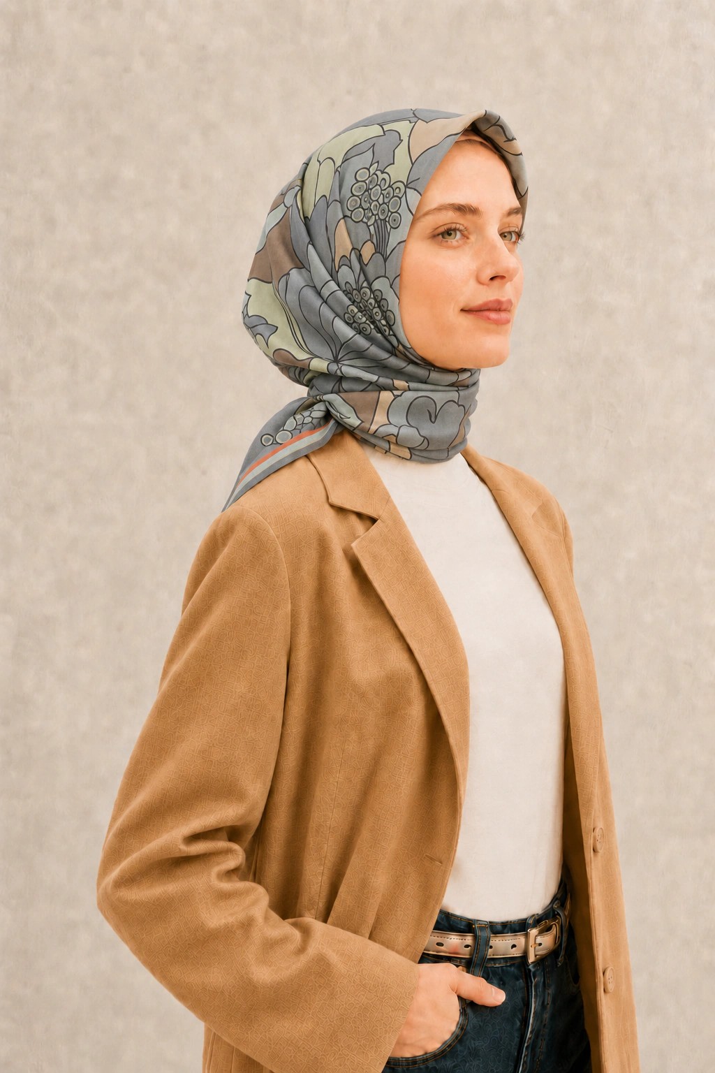 Fenza Tensel Botanik Desenli Eşarp - Gri Camel 2