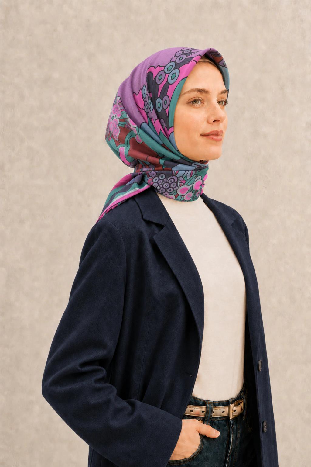 Fenza Tensel Botanik Desenli Eşarp - Turkuaz Fuşya 2