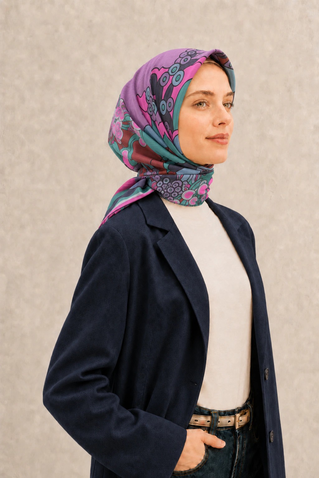 Fenza Tensel Botanik Desenli Eşarp - Turkuaz Fuşya 2