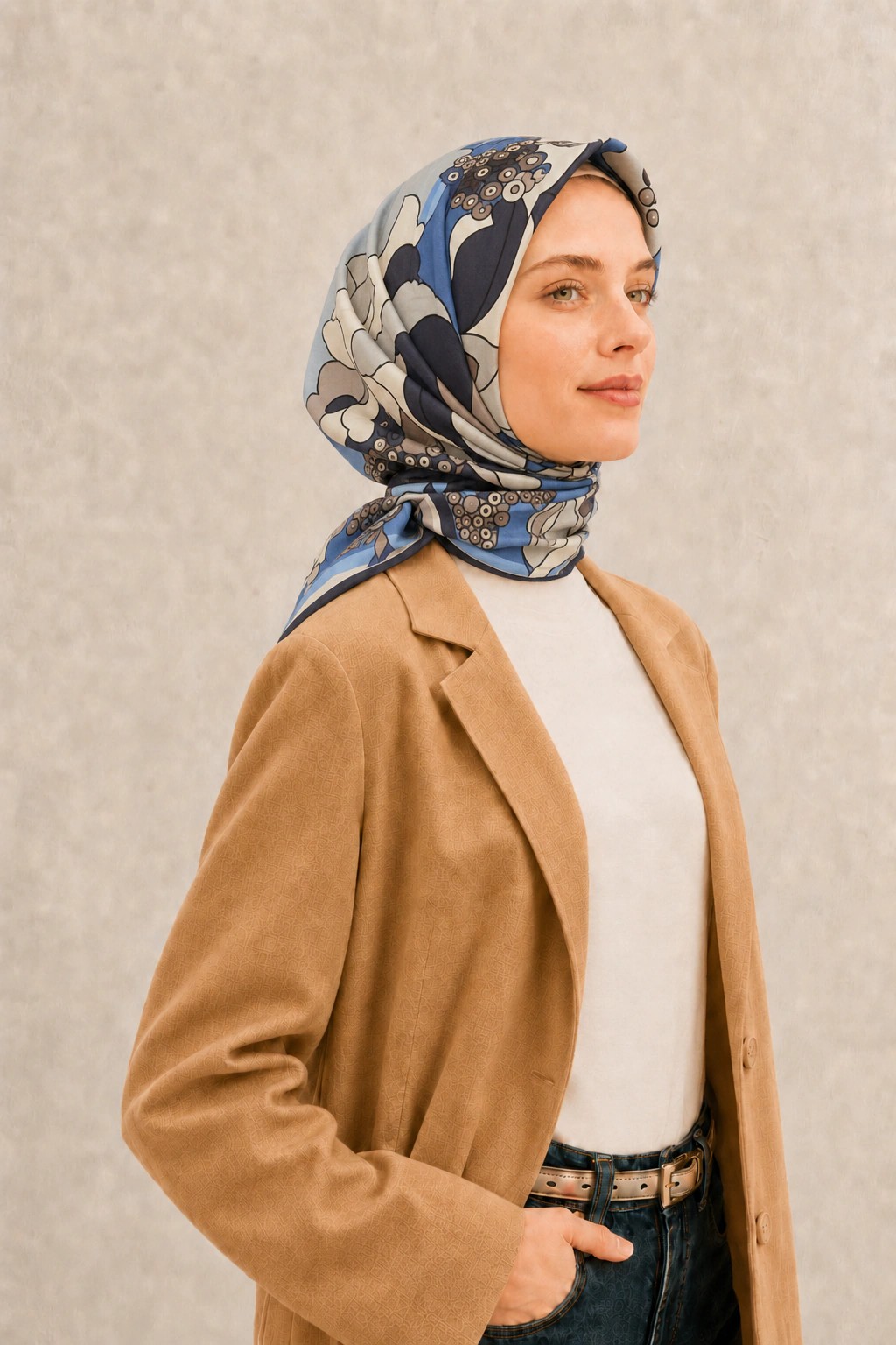 Fenza Tensel Botanik Desenli Eşarp - Lacivert Mavi 2