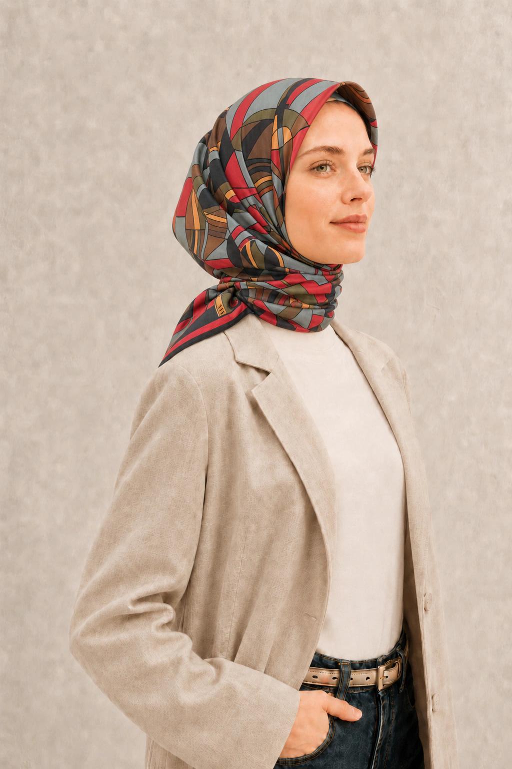 Fenza Tensel Geometrik Desenli Eşarp - Kırmızı Kahve 2