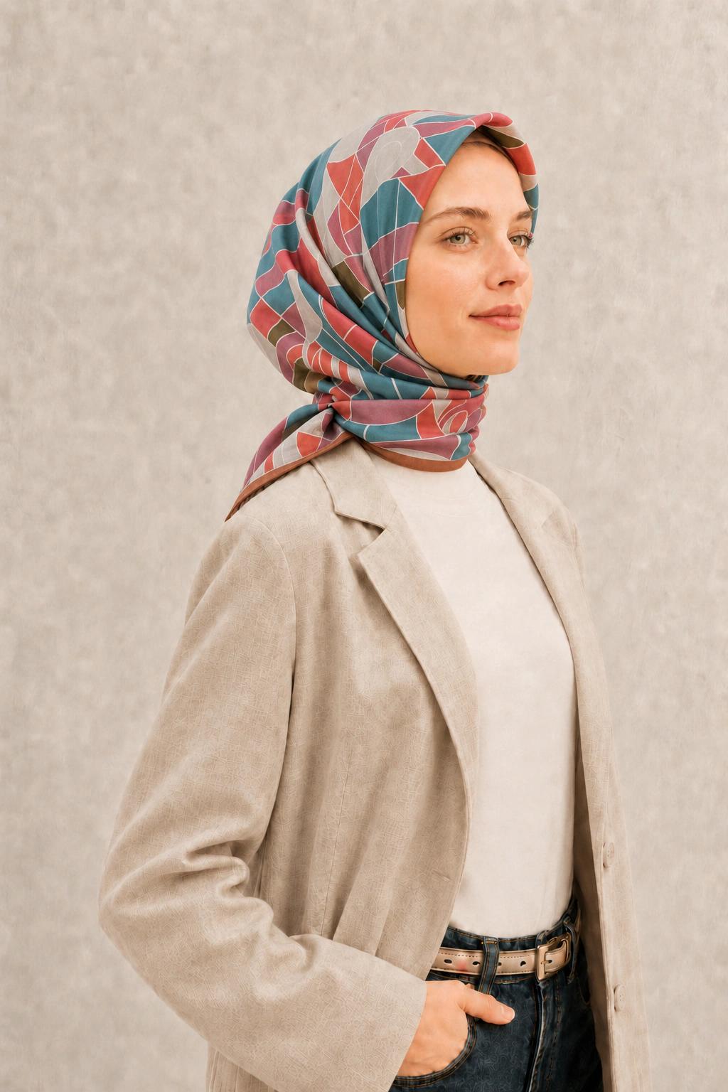 Fenza Tensel Geometrik Desenli Eşarp - Turkuaz Mercan 2
