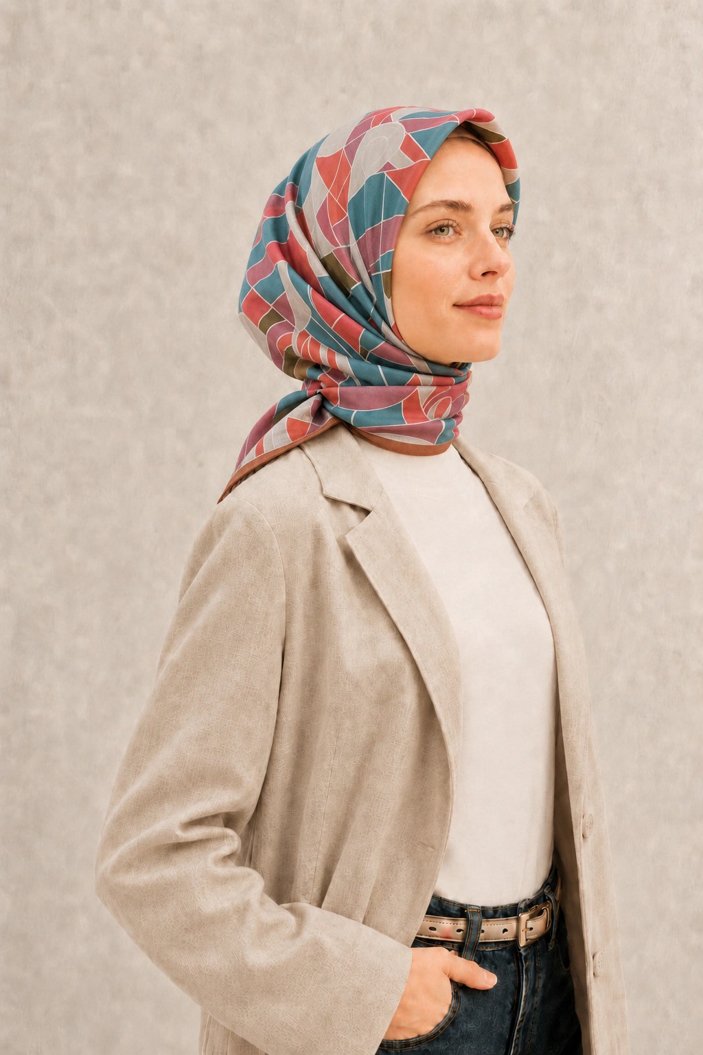 Fenza Tensel Geometrik Desenli Eşarp - Turkuaz Mercan 2