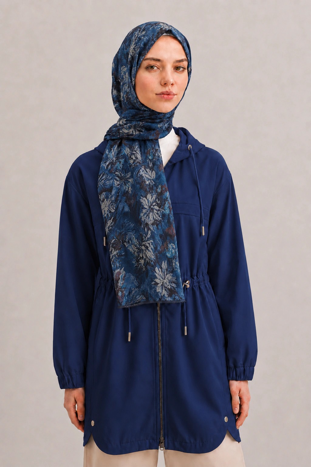 Shawl Secret Botanik Desenli Pamuk Şal - Lacivert 1