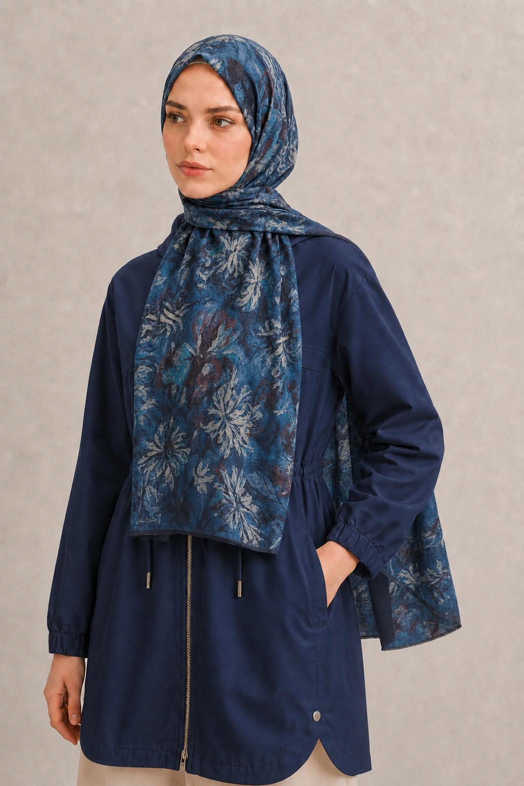 Shawl Secret Botanik Desenli Pamuk Şal - Lacivert 2