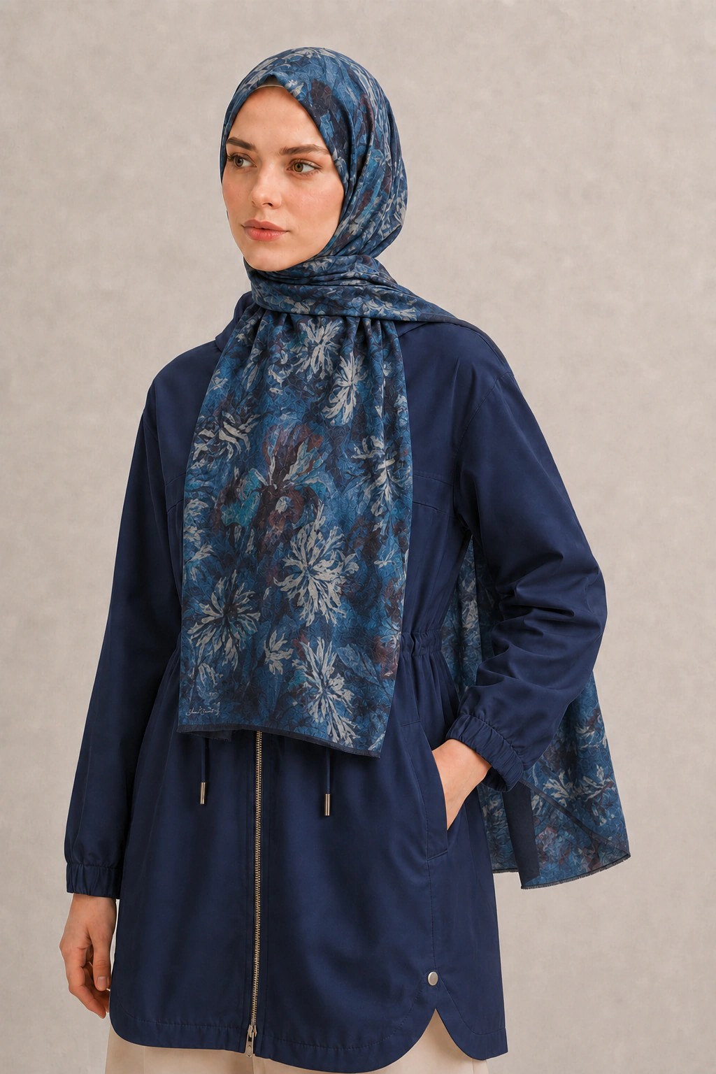 Shawl Secret Botanik Desenli Pamuk Şal - Lacivert 2