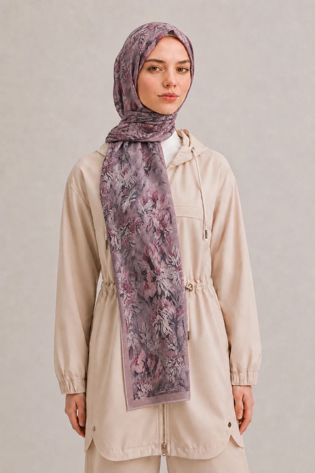 Shawl Secret Botanik Desenli Pamuk Şal - Mürdüm 1