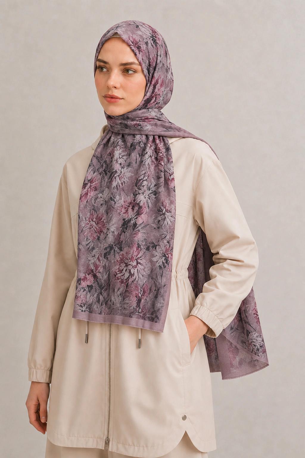 Shawl Secret Botanik Desenli Pamuk Şal - Mürdüm 2