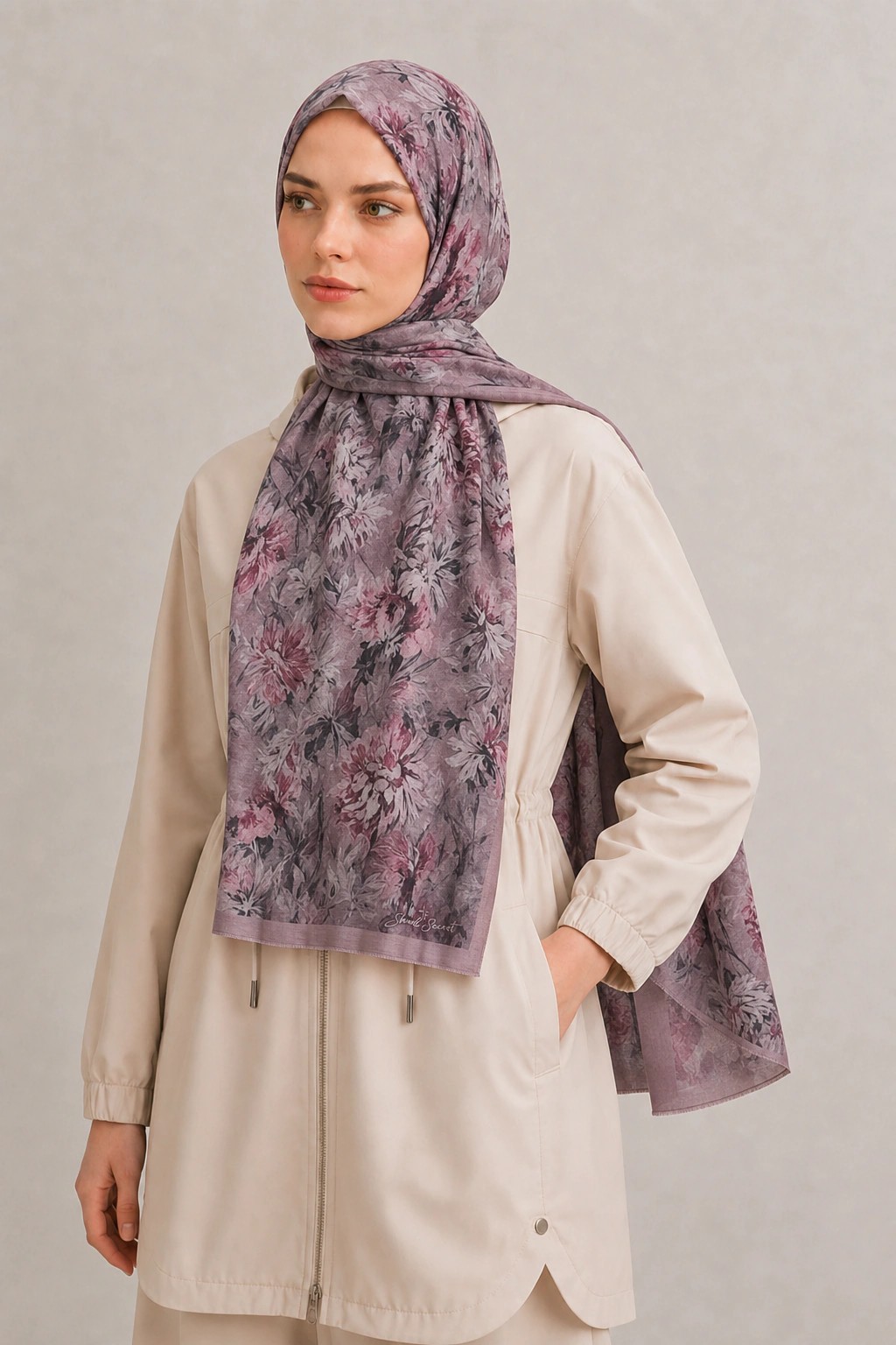 Shawl Secret Botanik Desenli Pamuk Şal - Mürdüm 2