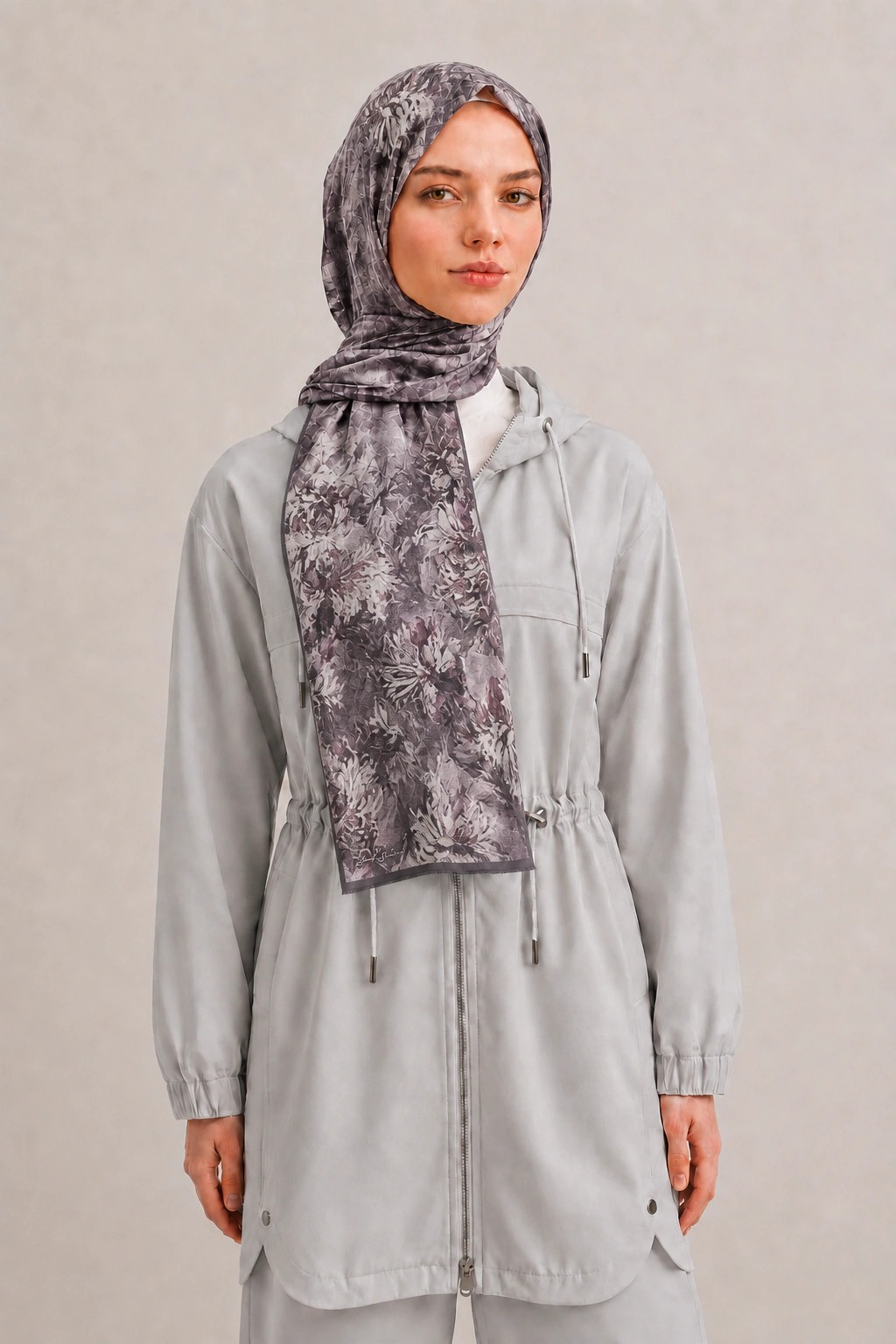 Shawl Secret Botanik Desenli Pamuk Şal - Lavanta Gri 1