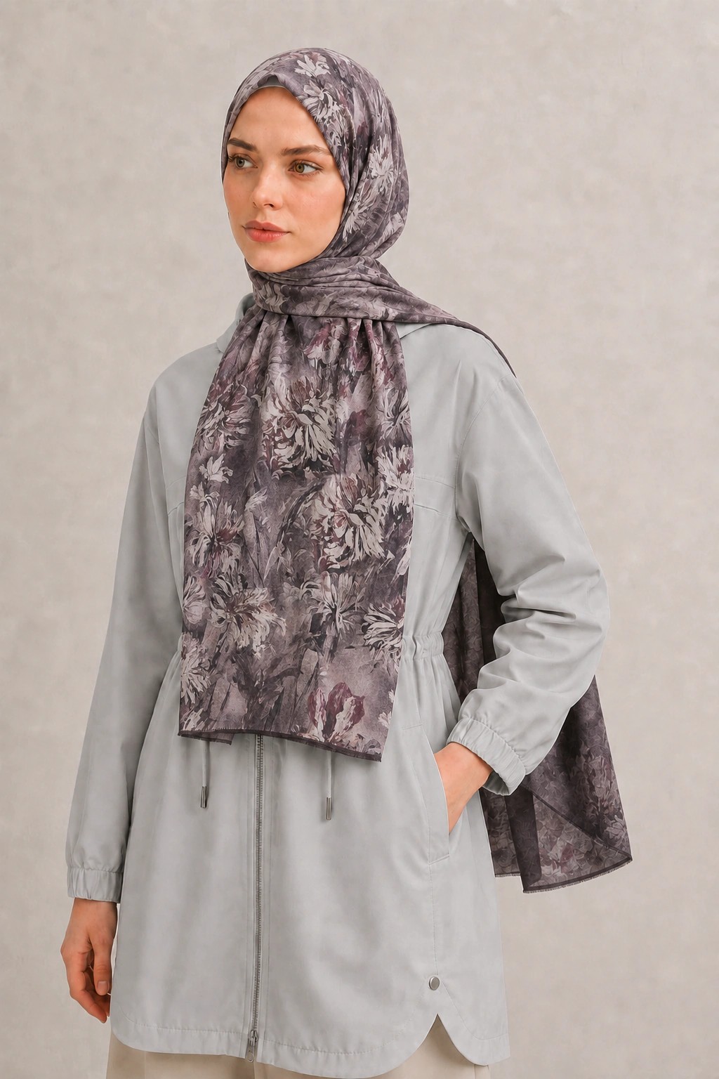 Shawl Secret Botanik Desenli Pamuk Şal - Lavanta Gri 2