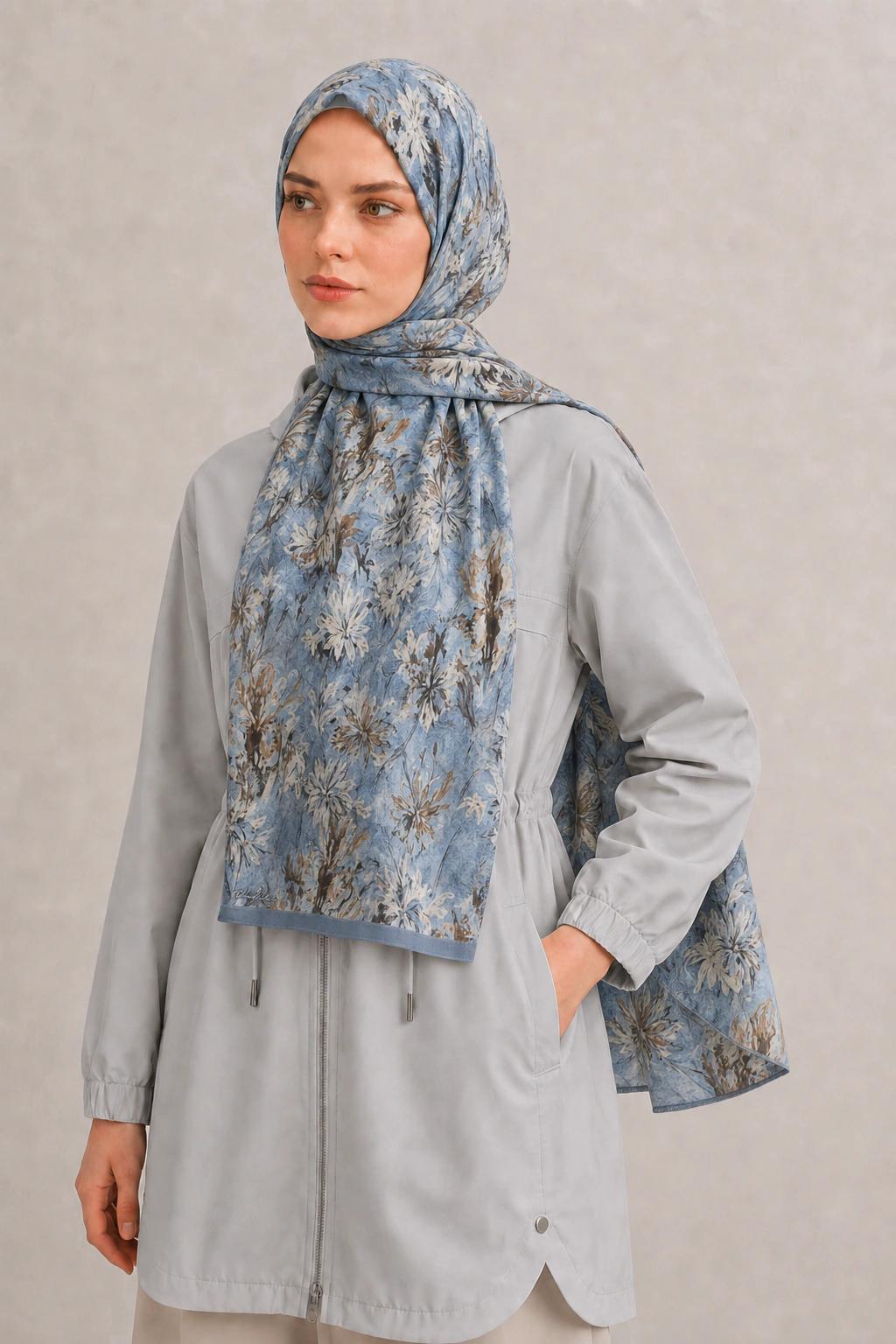 Shawl Secret Botanik Desenli Pamuk Şal - Buz Mavisi 2