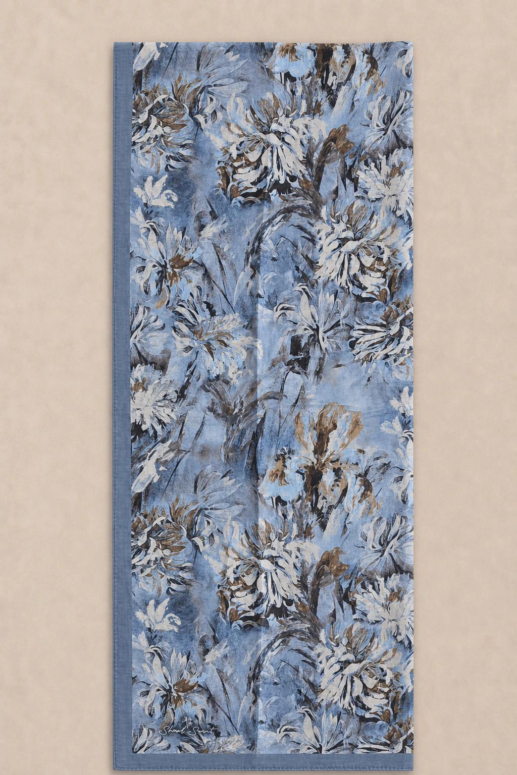 Shawl Secret Botanik Desenli Pamuk Şal - Buz Mavisi 3
