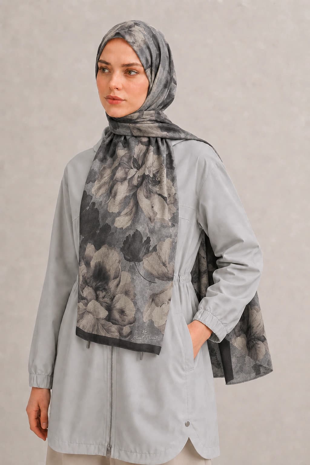 Shawl Secret Suluboya Çiçek Desenli Pamuk Şal - Füme Gri 2