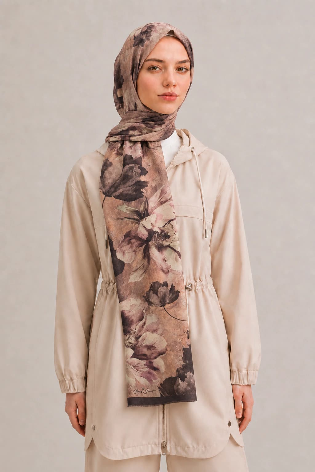 Shawl Secret Suluboya Çiçek Desenli Pamuk Şal - Vizon Mürdüm 1