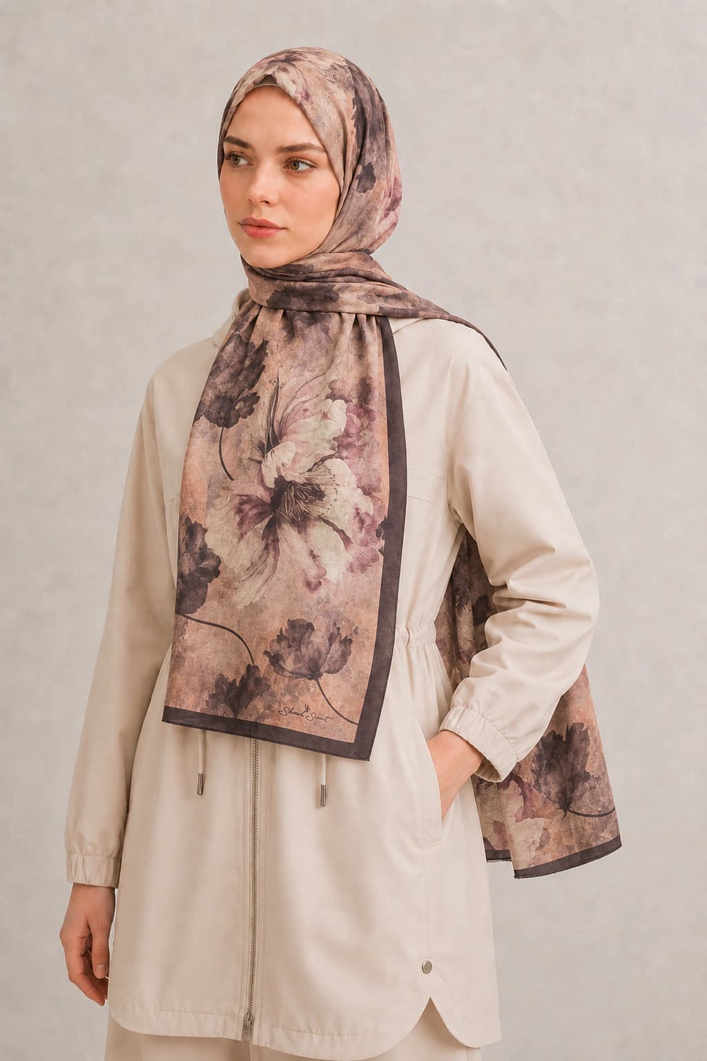 Shawl Secret Suluboya Çiçek Desenli Pamuk Şal - Vizon Mürdüm 2