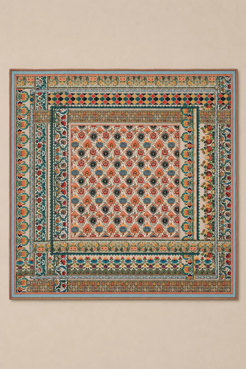 Glamouria Patchwork Çiçek Desenli Viscon Eşarp - Mint Mercan 3