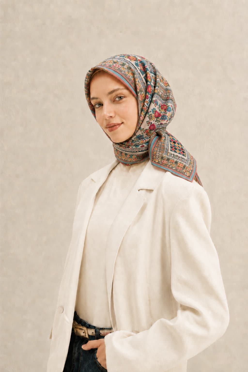 Glamouria Patchwork Çiçek Desenli Viscon Eşarp - Mint Mercan 1