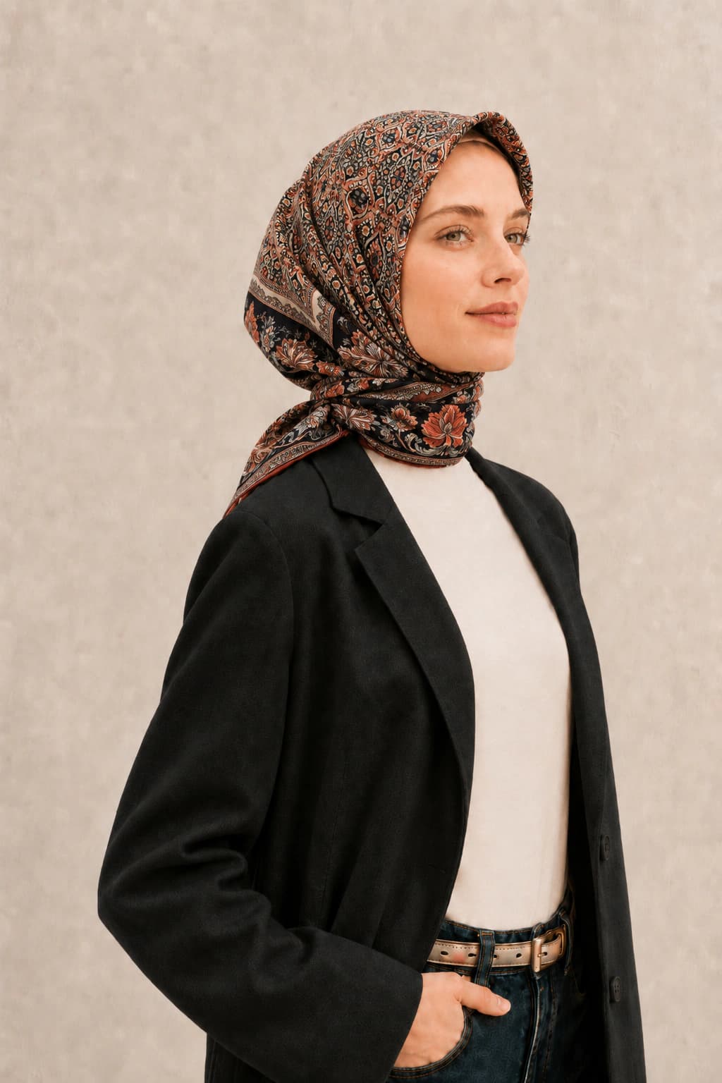 Glamouria Çiçek Bordürlü Viscon Eşarp - Siyah Somon 2