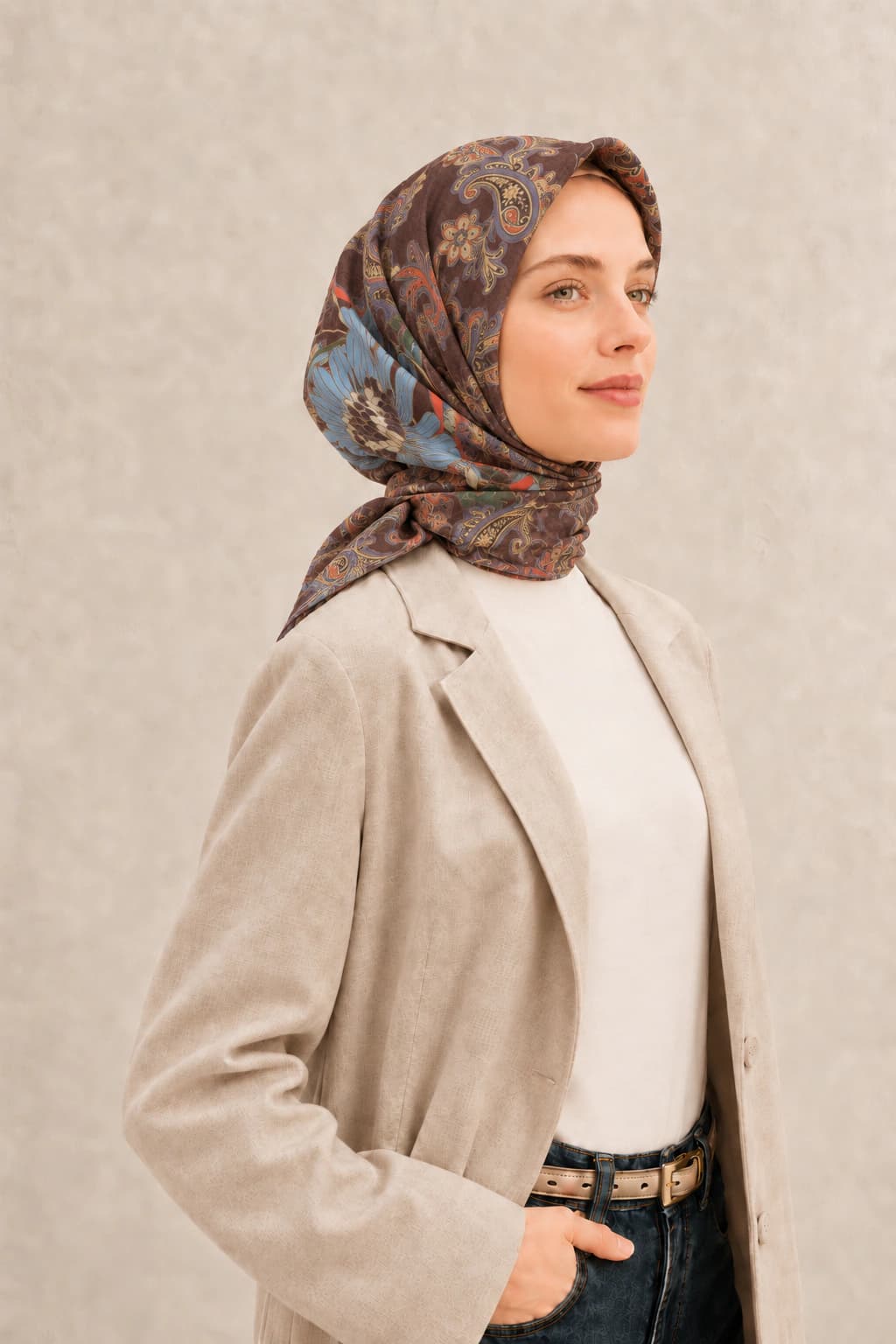 LuvénSara Çiçek ve Şal Desenli Tensel Eşarp - Kahverengi Mavi 2