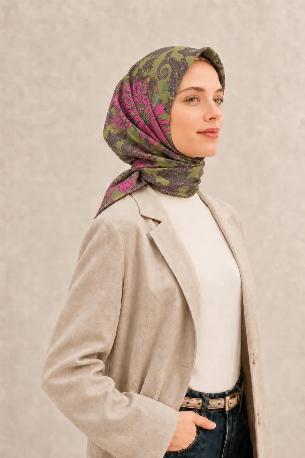 LuvénSara Çiçek ve Şal Desenli Tensel Eşarp - Haki Fuşya 2