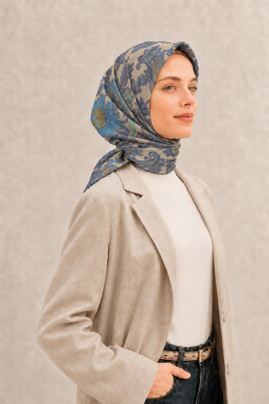 LuvénSara Çiçek ve Şal Desenli Tensel Eşarp - Bej Mavi 2