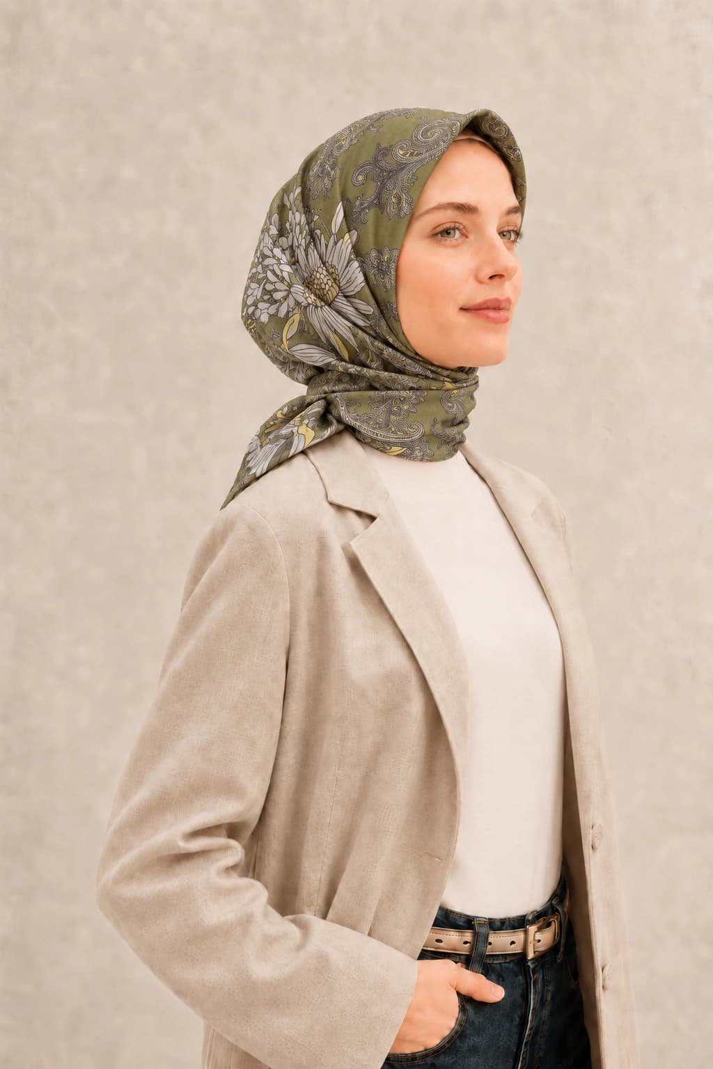 LuvénSara Çiçek ve Şal Desenli Tensel Eşarp - Haki Ekru 2