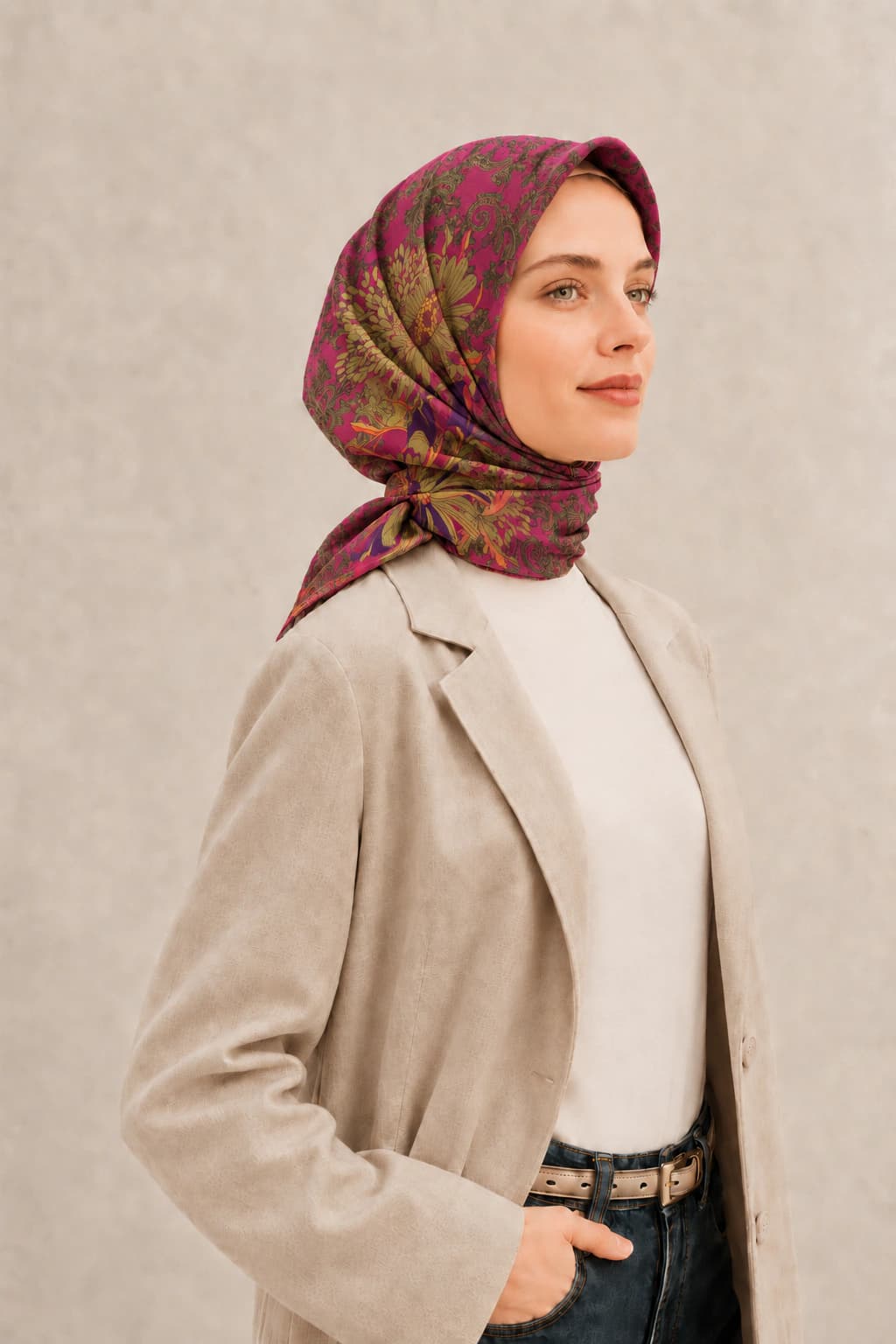 LuvénSara Çiçek ve Şal Desenli Tensel Eşarp - Fuşya Gold 2