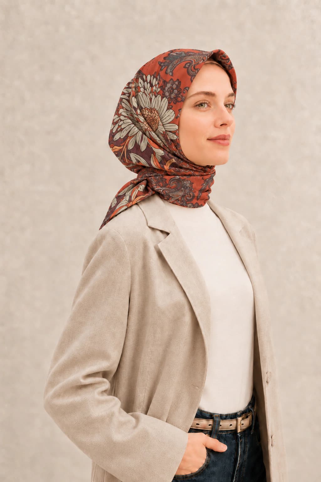 LuvénSara Çiçek ve Şal Desenli Tensel Eşarp - Kiremit Ekru 2