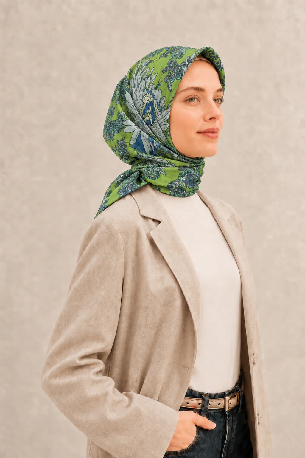 LuvénSara Çiçek ve Şal Desenli Tensel Eşarp - Fıstık Yeşili 2