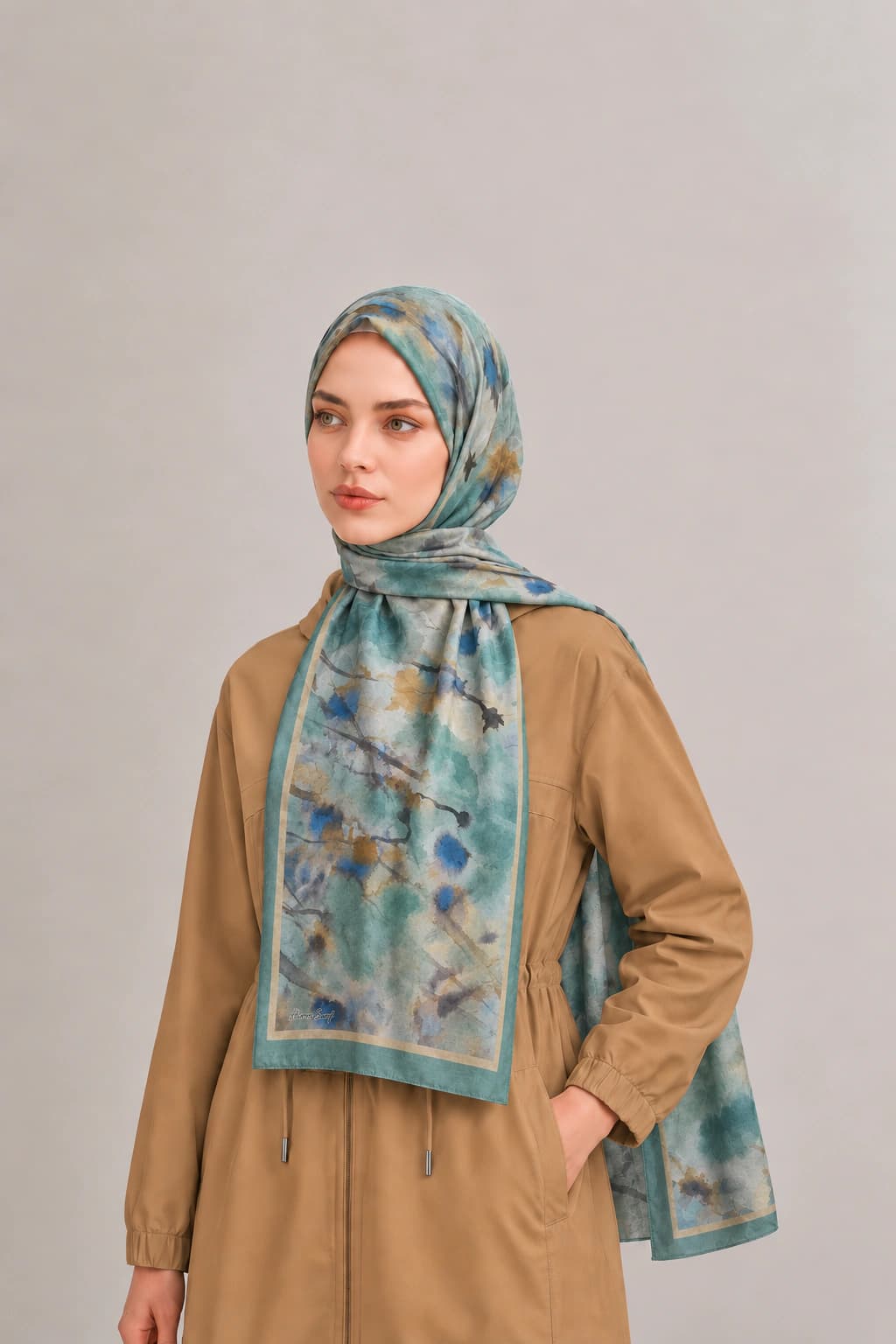 Harem Scarf Suluboya Çiçek Desenli Tensel Şal - Turkuaz Mavi 2