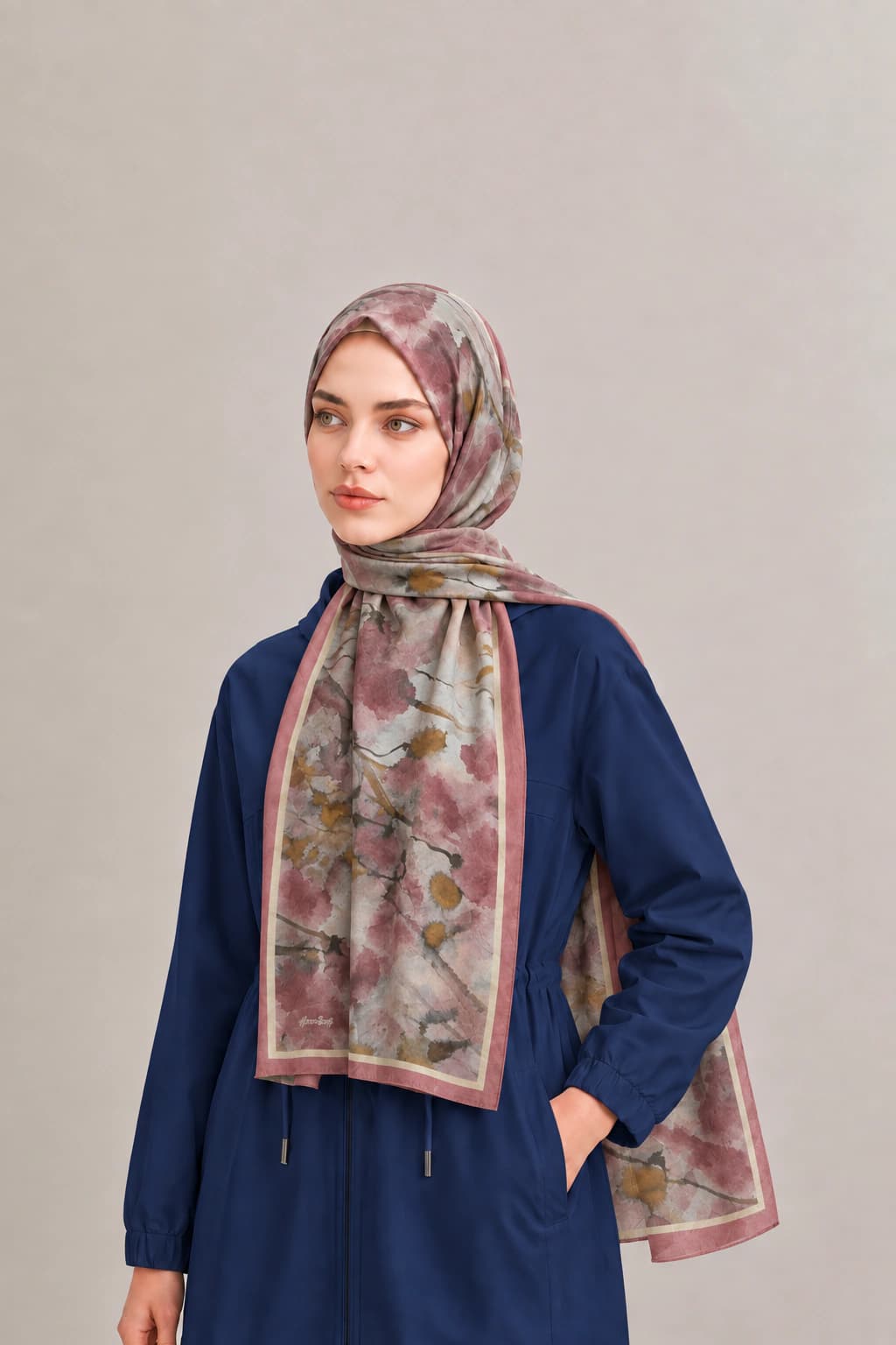 Harem Scarf Suluboya Çiçek Desenli Tensel Şal - Gül Kurusu 2