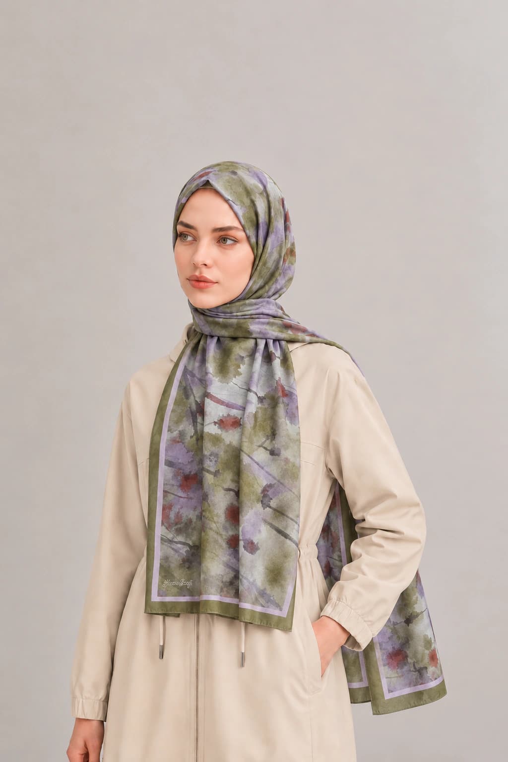 Harem Scarf Suluboya Çiçek Desenli Tensel Şal - Haki Lila 2
