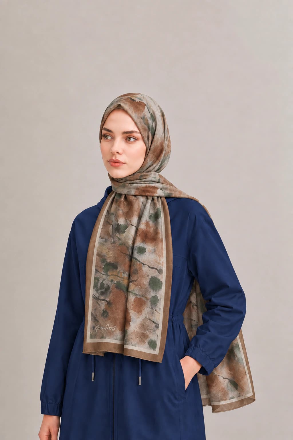 Harem Scarf Suluboya Çiçek Desenli Tensel Şal - Tarçın Kahve 2