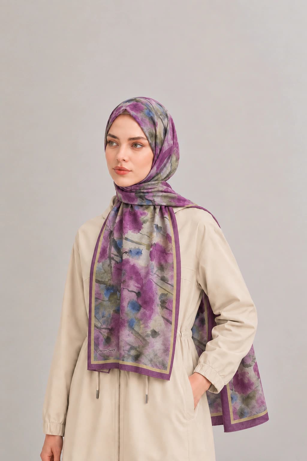 Harem Scarf Suluboya Çiçek Desenli Tensel Şal - Mürdüm Mor 2