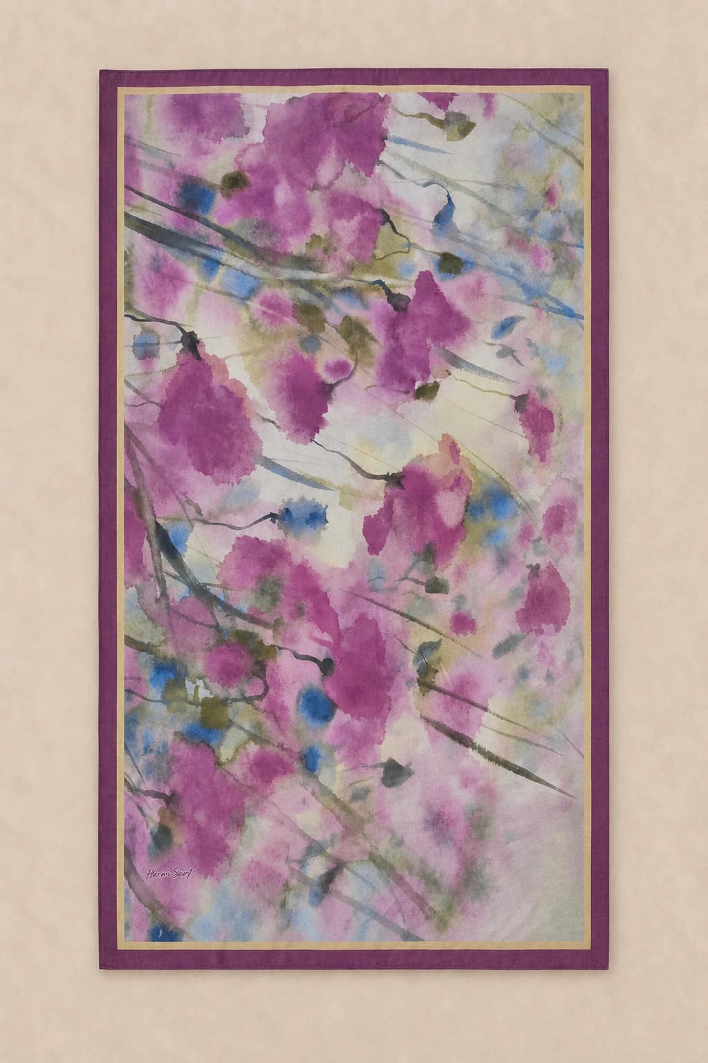Harem Scarf Suluboya Çiçek Desenli Tensel Şal - Mürdüm Mor 3