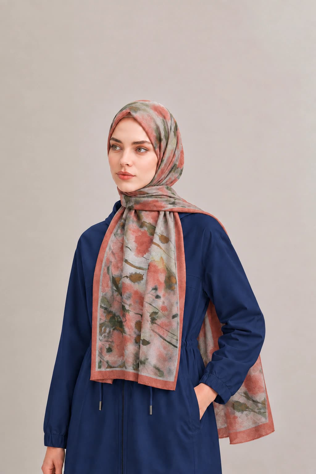Harem Scarf Suluboya Çiçek Desenli Tensel Şal - Mercan 2