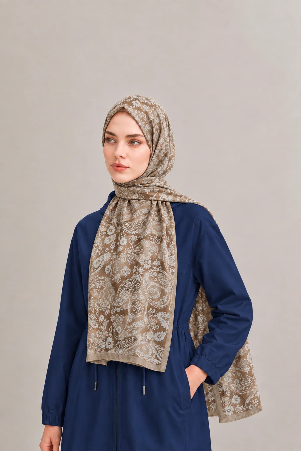 Harem Scarf Paisley Çiçek Desenli Tensel Şal - Camel Ekru 2