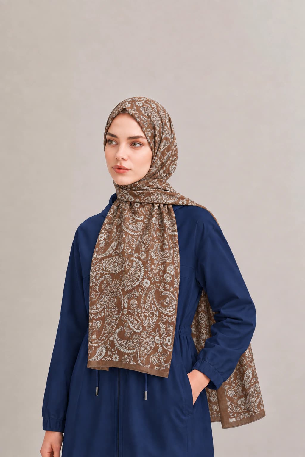 Harem Scarf Paisley Çiçek Desenli Tensel Şal - Taba Ekru 2