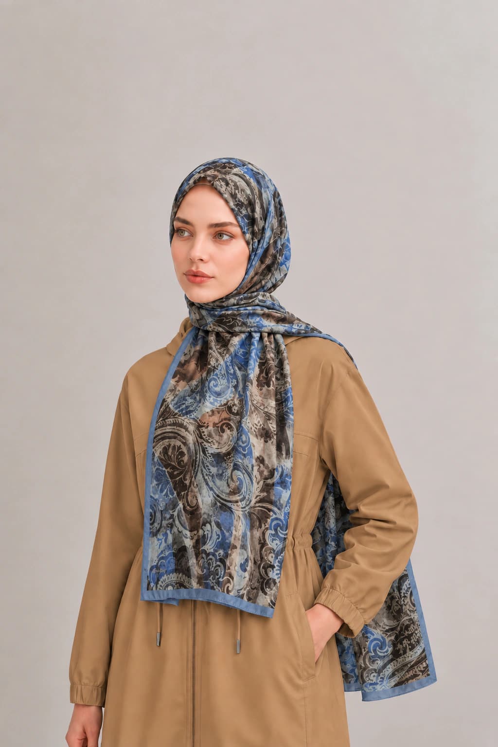 Harem Scarf Barok Paisley Desenli Tensel Şal - Mavi Siyah 2