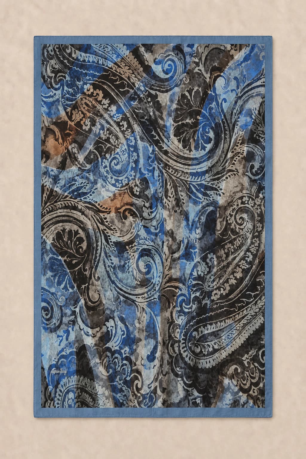 Harem Scarf Barok Paisley Desenli Tensel Şal - Mavi Siyah 3