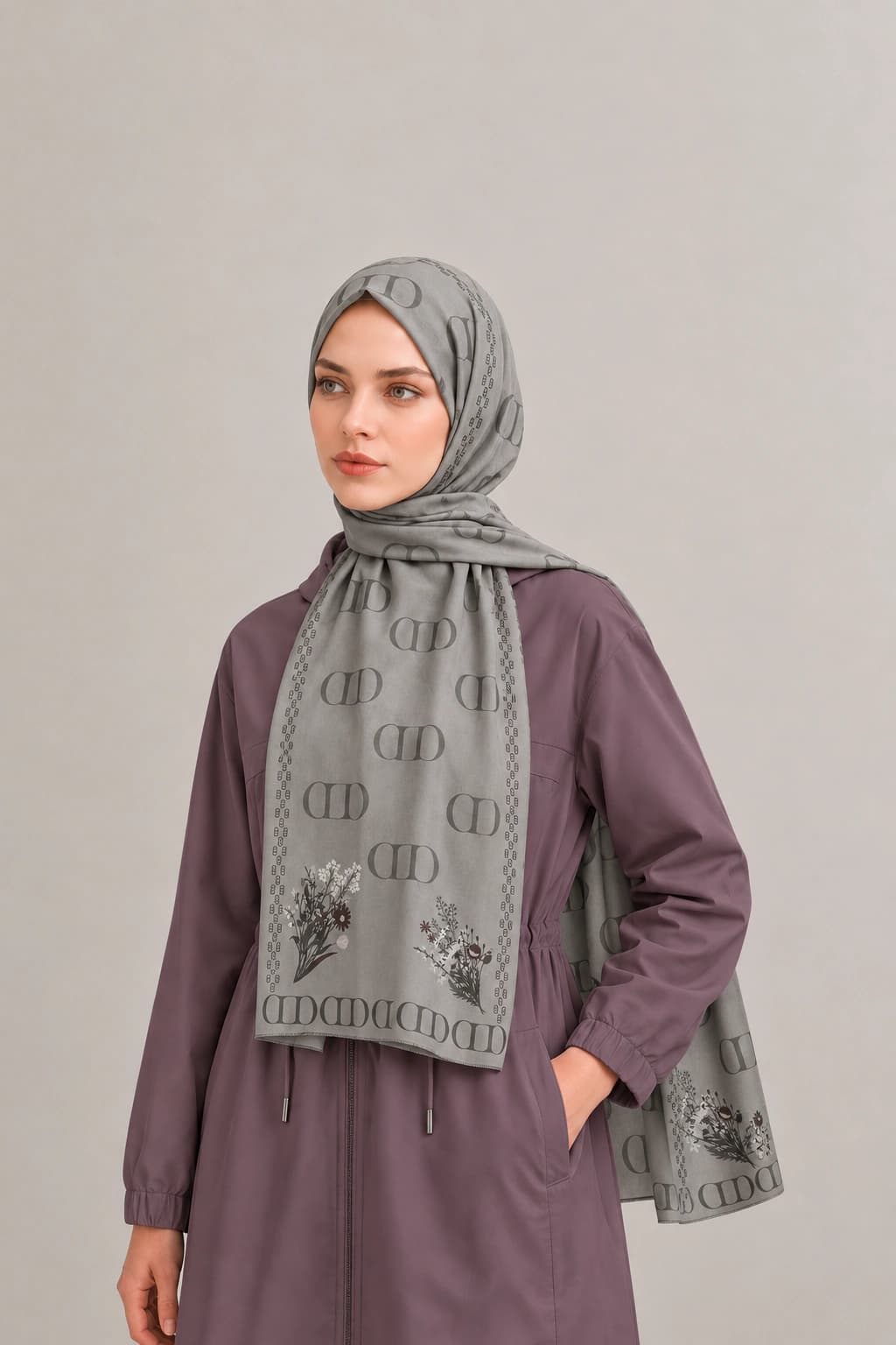 Carell Elegance Monogram Floş Viskon Şal - Gri 2