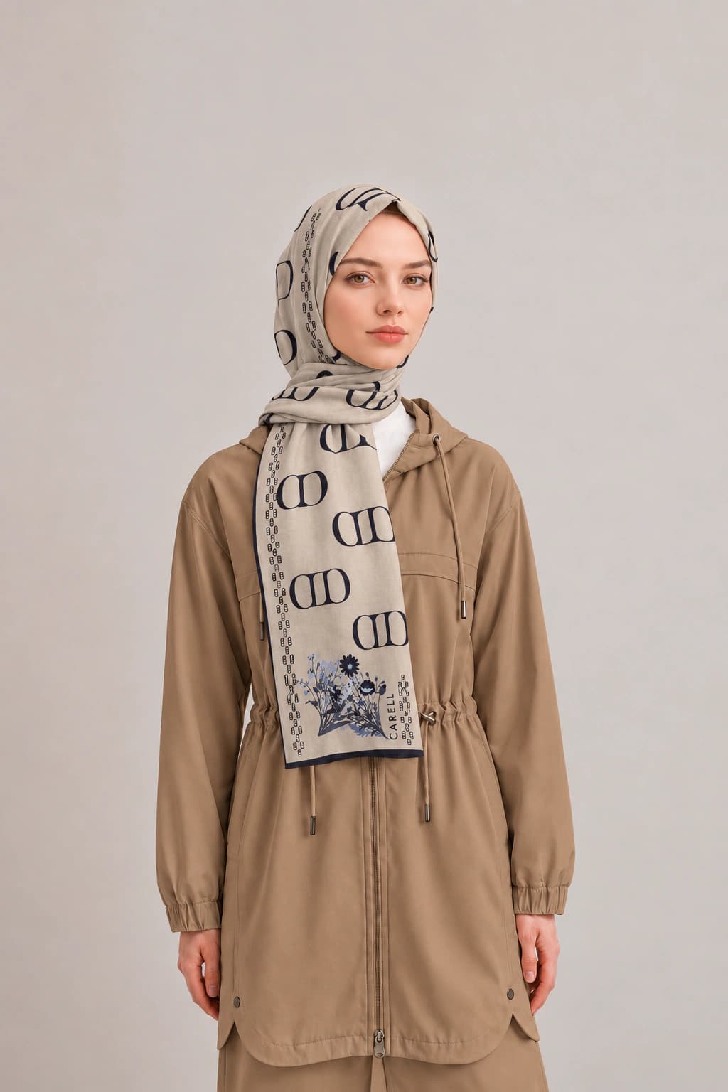 Carell Elegance Monogram Floş Viskon Şal - Ekru Lacivert 1