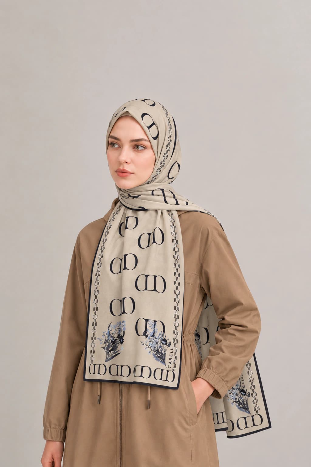 Carell Elegance Monogram Floş Viskon Şal - Ekru Lacivert 2